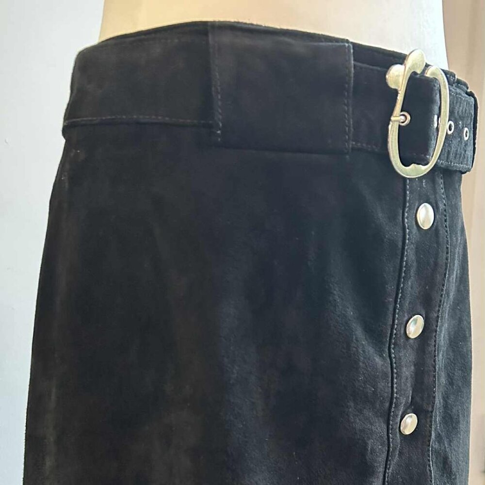 Zara Woman Black Genuine Suede A-Line Snap-Front Mini Skirt with Belt – EU L